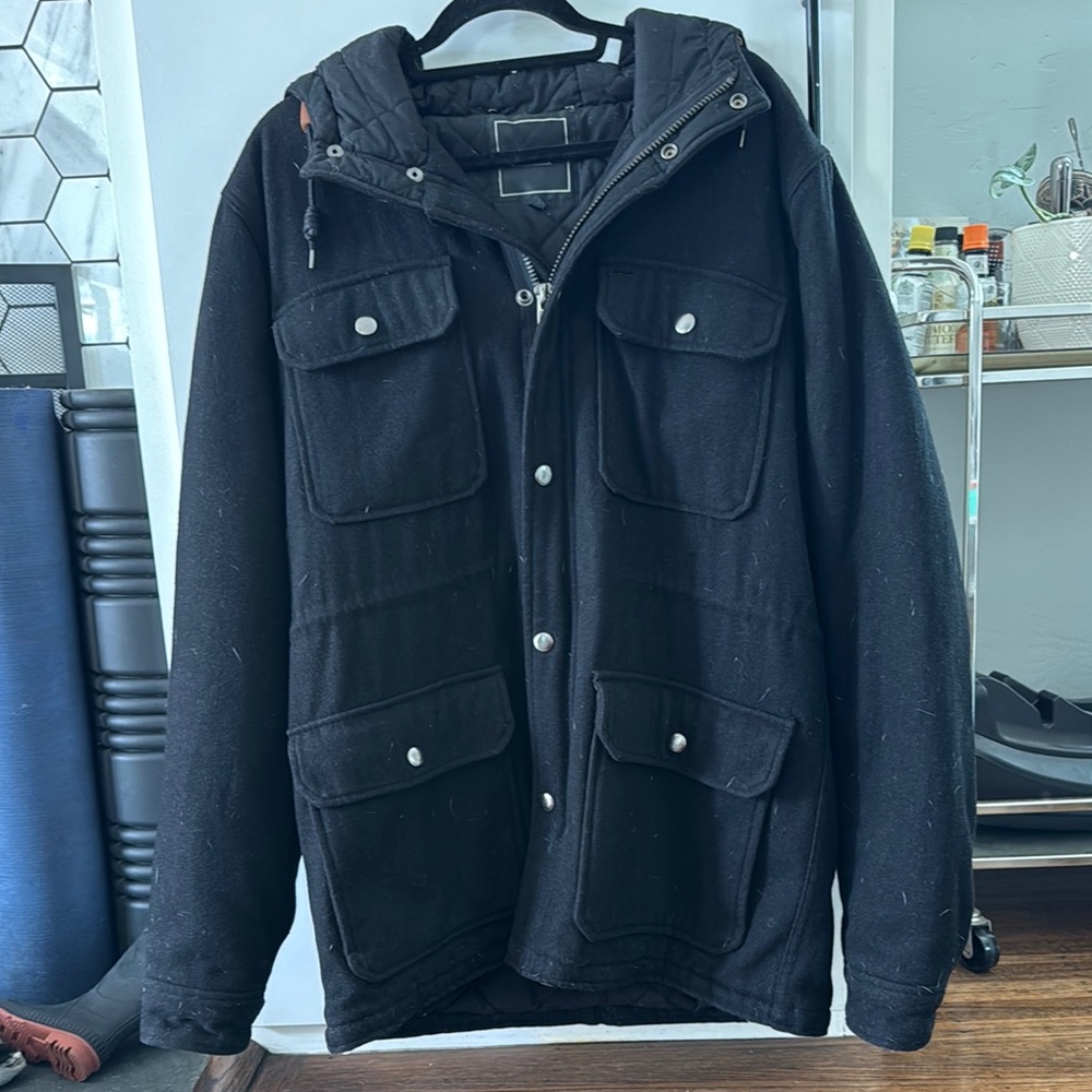 Obey Black Pea Coat with Hood and Wool Blend